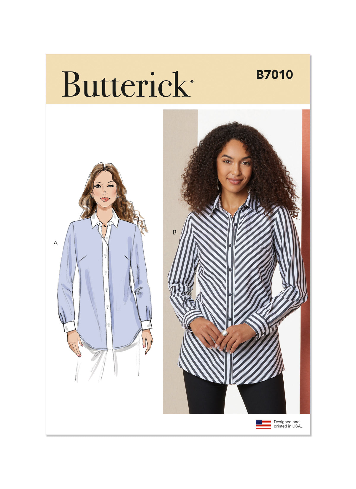 Butterick B7010 sewing pattern envelope showing button front shirt designs