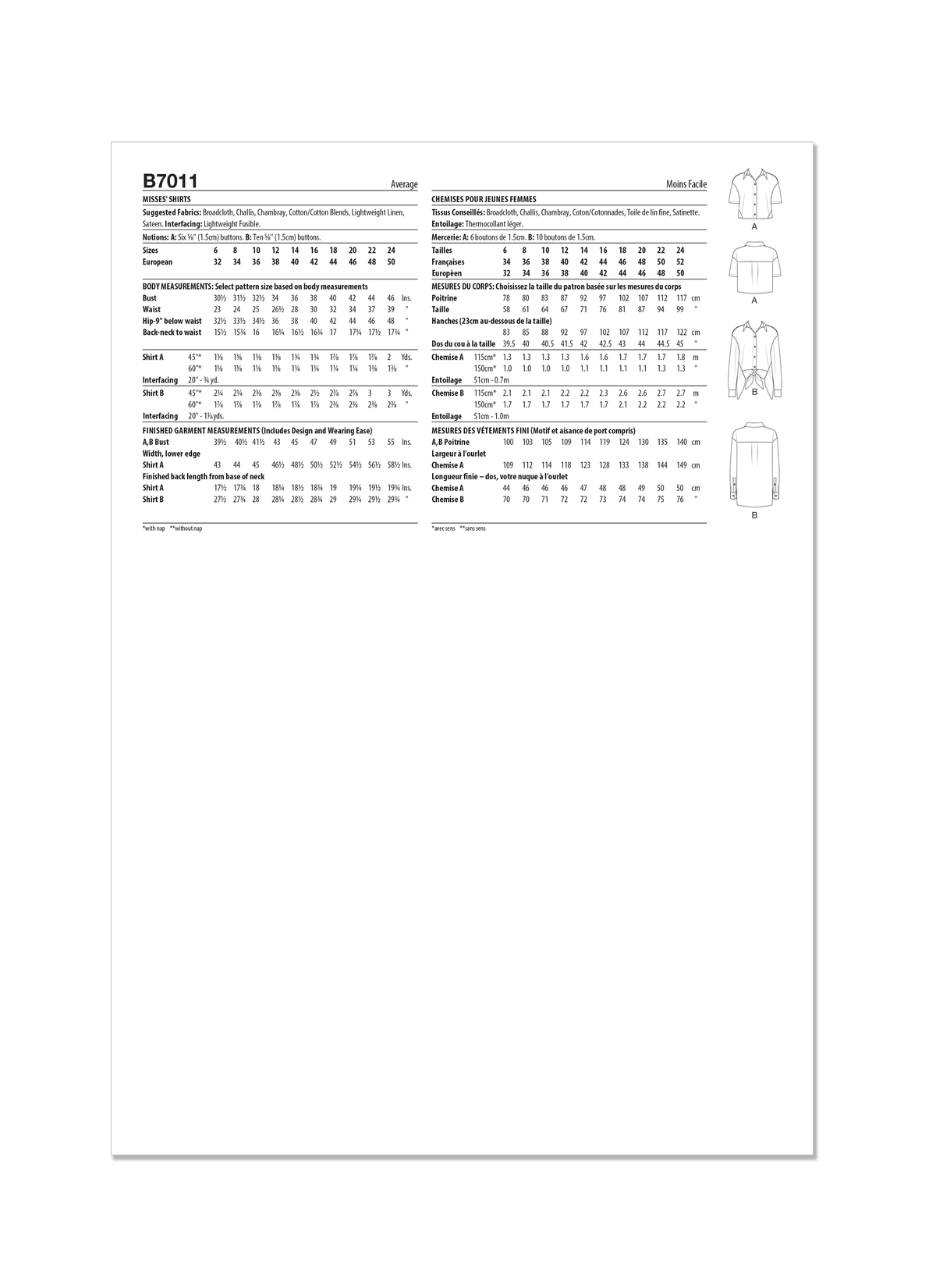Butterick B7011 sewing pattern envelope showing button-down shirt designs