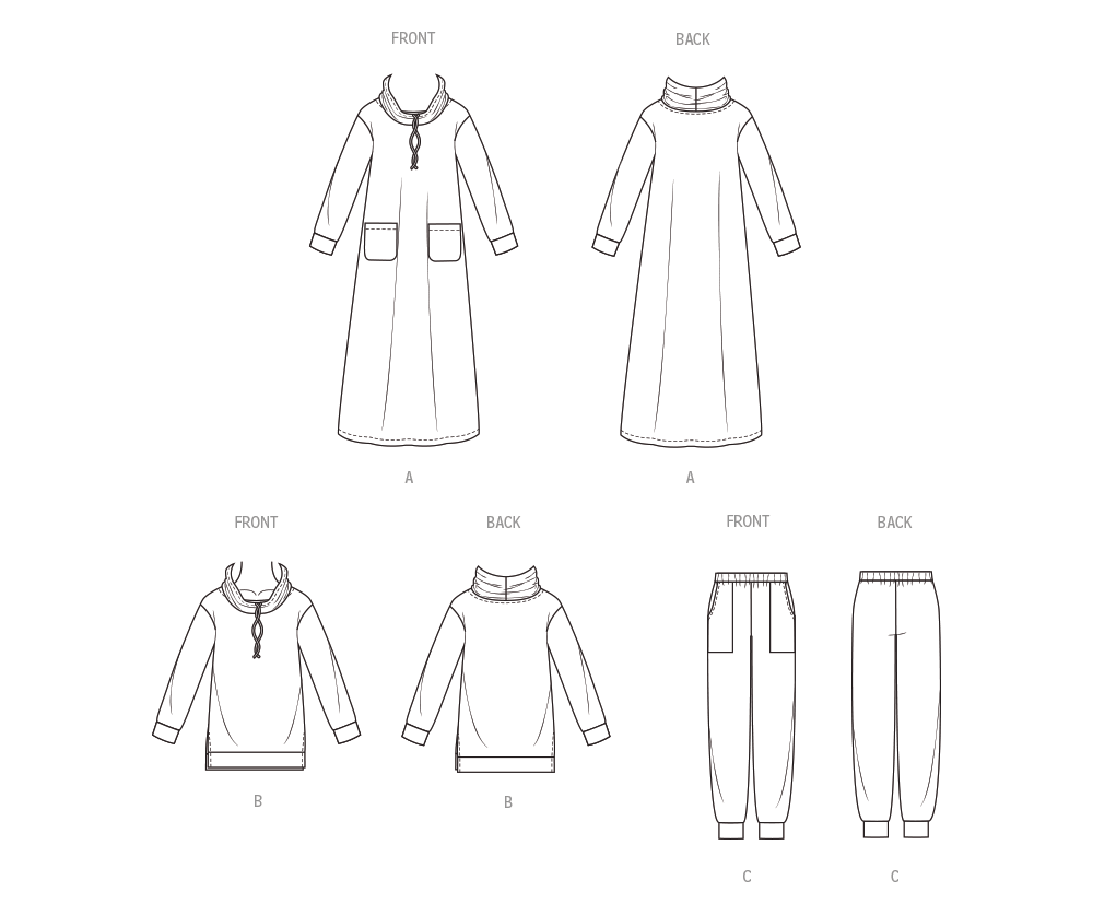 Butterick B7014 sewing pattern envelope showing cowl neck dress and top designs