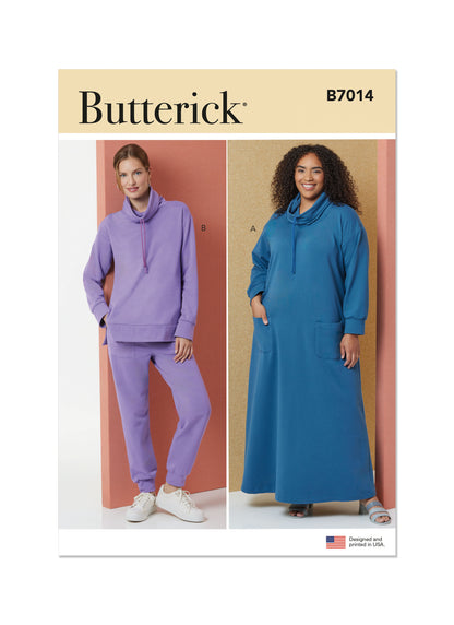 Butterick B7014 sewing pattern envelope showing cowl neck dress and top designs