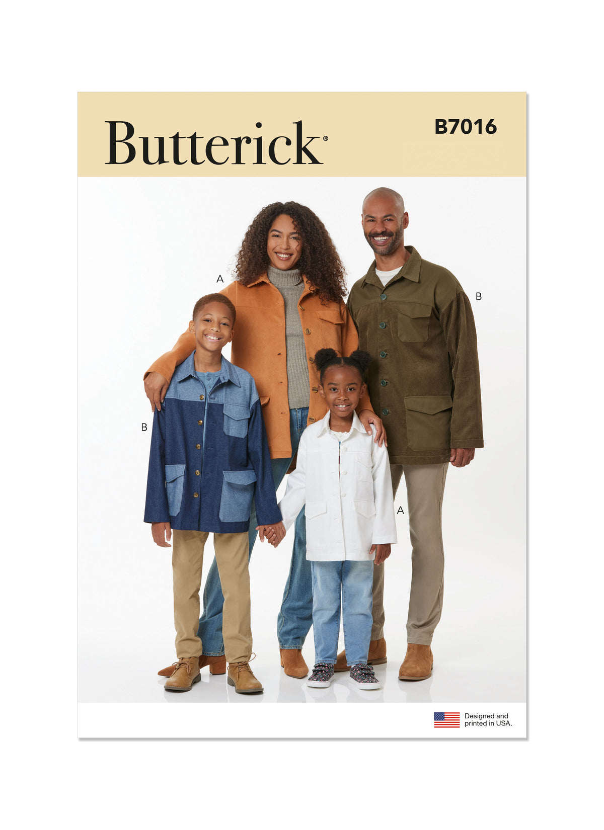 Butterick B7016 sewing pattern envelope showing unisex jacket designs