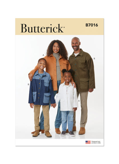 Butterick B7016 sewing pattern envelope showing unisex jacket designs