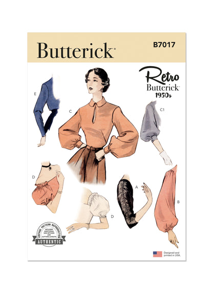 Butterick B7017 sewing pattern envelope showing vintage 1950s sleeves designs