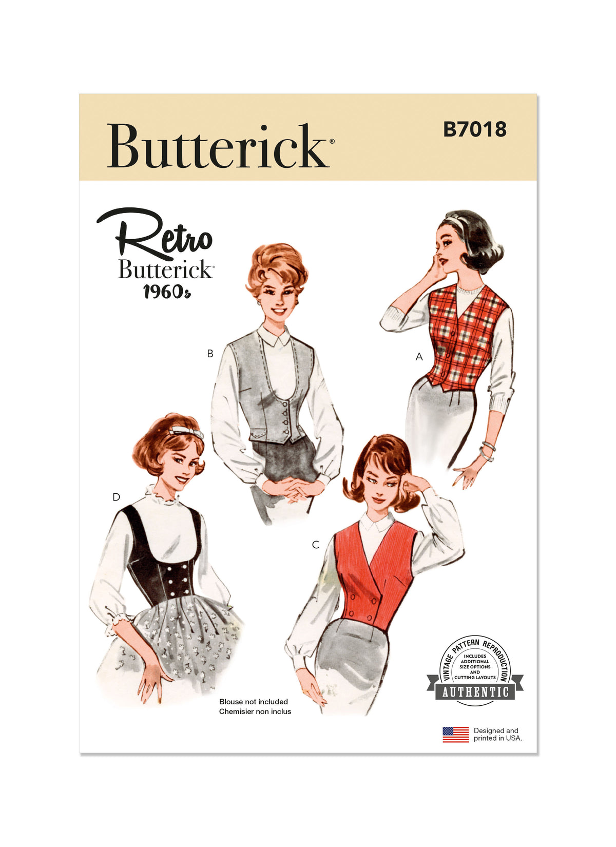 Butterick B7018 sewing pattern envelope showing vintage 1960s vest designs