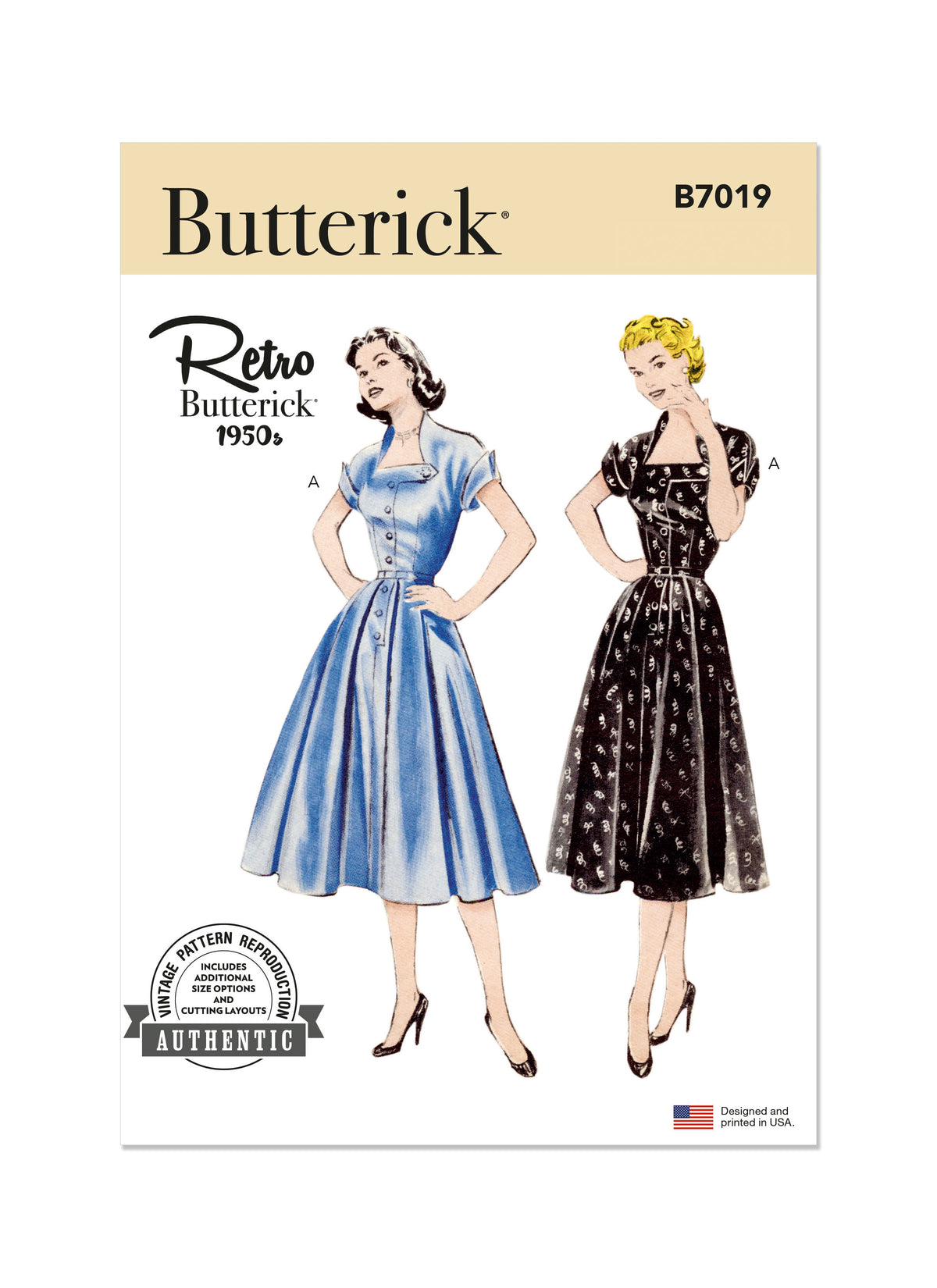 Butterick B7019 sewing pattern envelope showing vintage 1950s dress designs