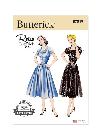 Butterick B7019 sewing pattern envelope showing vintage 1950s dress designs