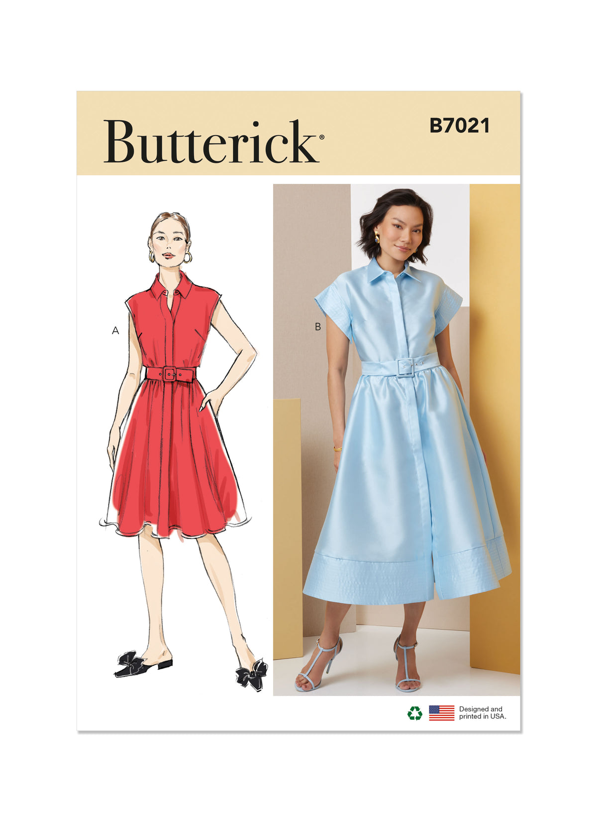 Butterick B7021 sewing pattern envelope showing misses' dress designs