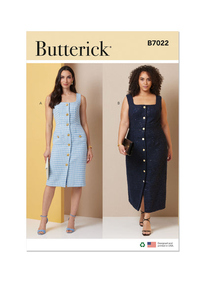 Butterick B7022 sewing pattern envelope showing women's sleeveless dress designs