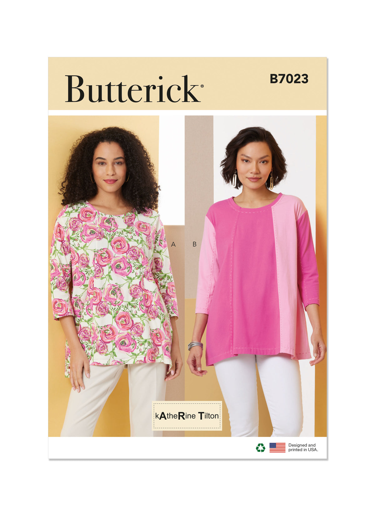 Butterick B7023 sewing pattern envelope showing misses' knit tunic designs