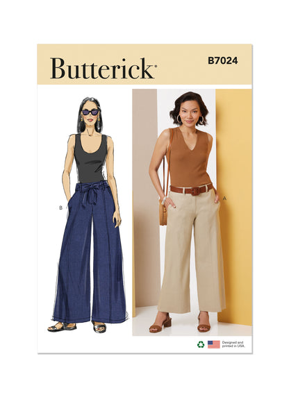 Butterick B7024 sewing pattern envelope showing misses' wide leg trousers designs