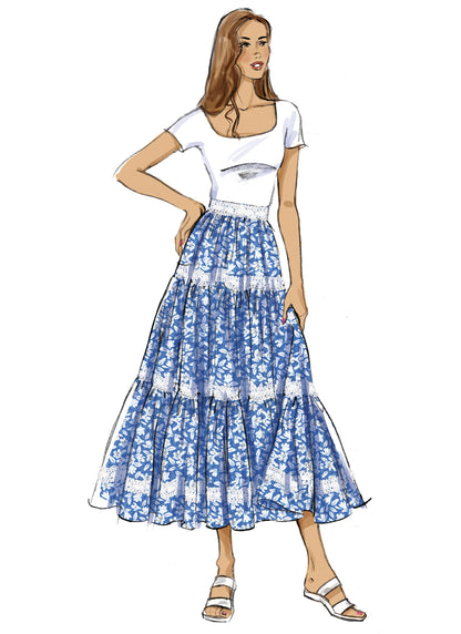 Butterick B7025 sewing pattern envelope showing misses' tiered skirt designs