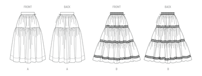 Butterick B7025 sewing pattern envelope showing misses' tiered skirt designs