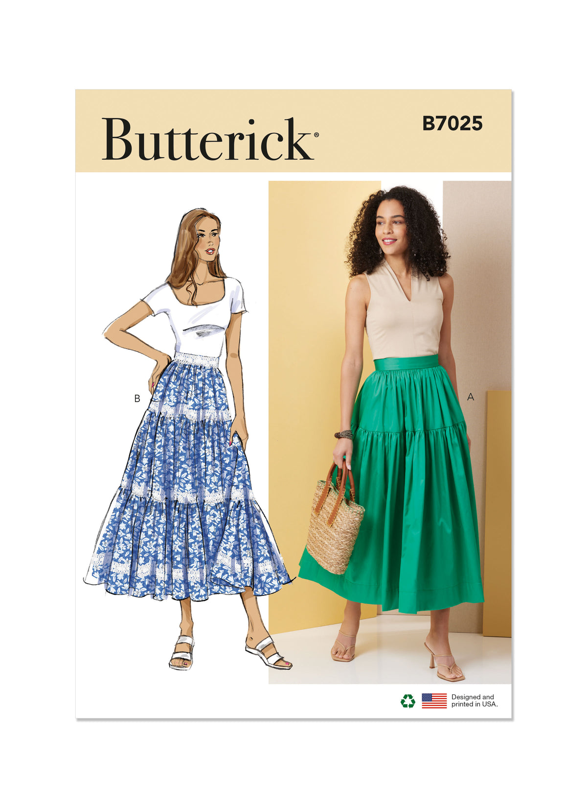 Butterick B7025 sewing pattern envelope showing misses' tiered skirt designs