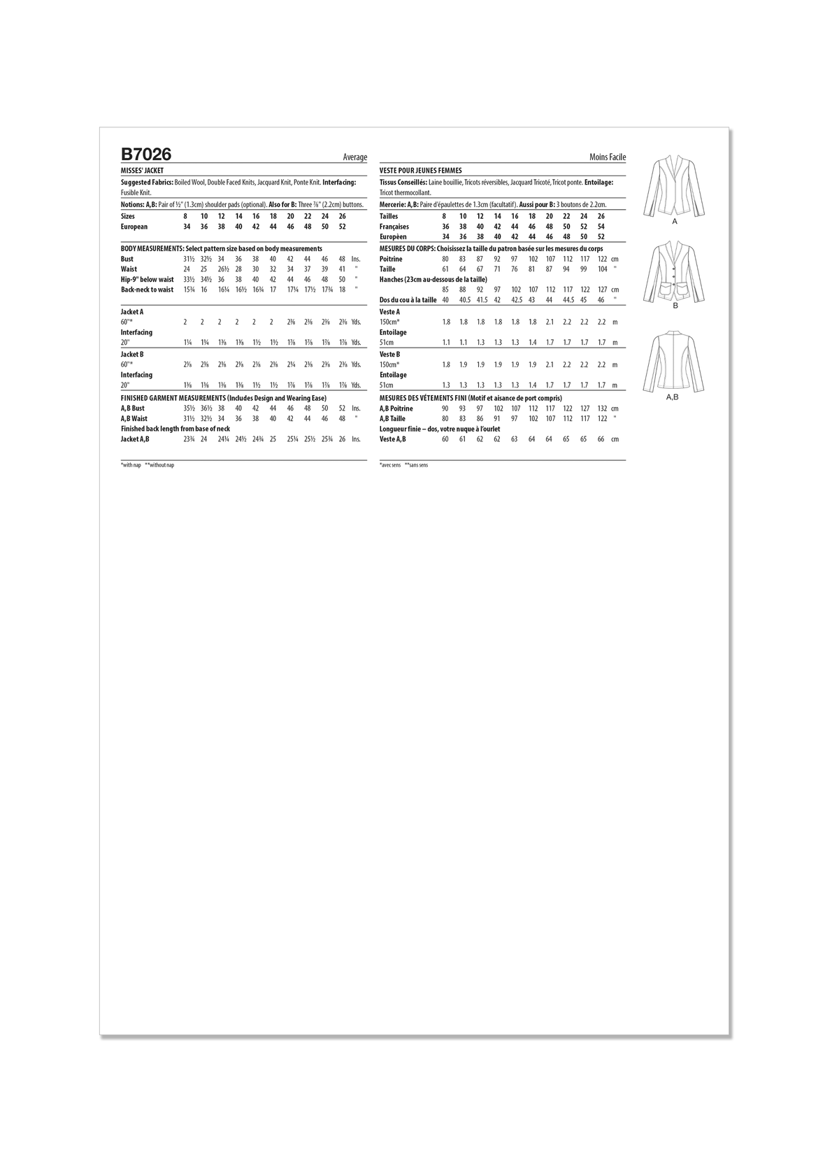 Butterick B7026 sewing pattern envelope showing misses' jacket designs