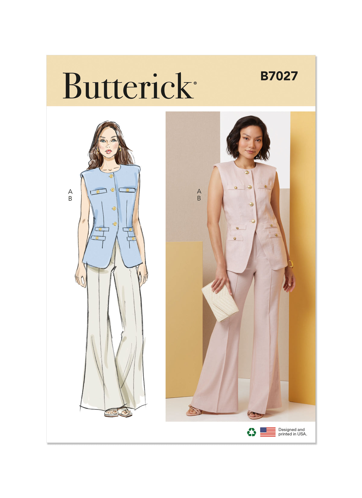 Butterick B7027 sewing pattern envelope showing misses' lined vest designs