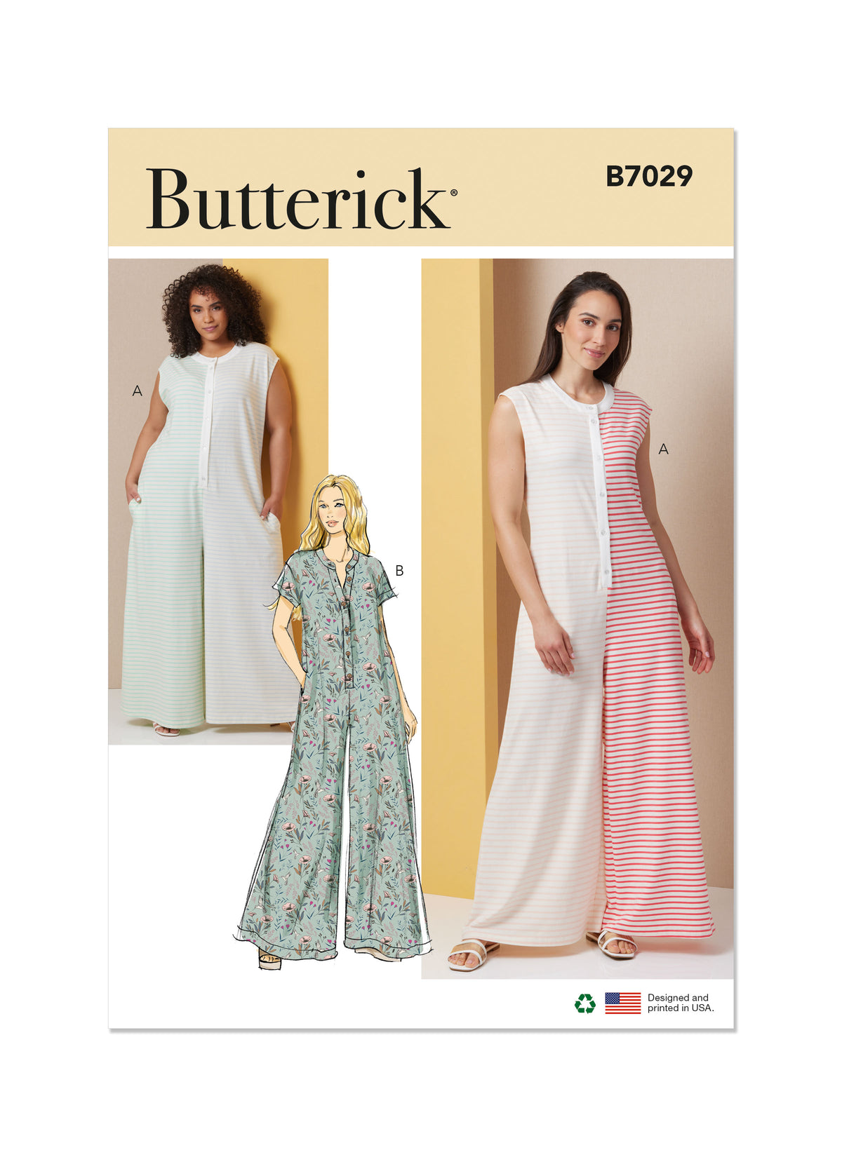 Butterick B7029 sewing pattern envelope showing women's lounge jumpsuit designs