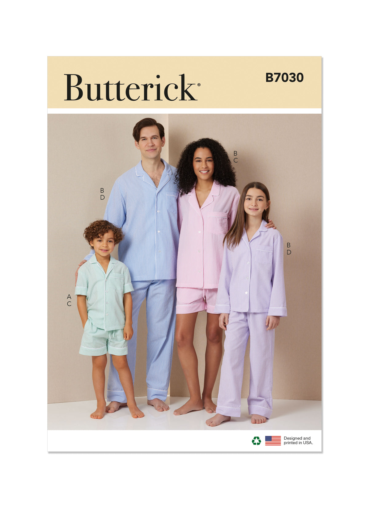 Butterick B7030 sewing pattern envelope showing unisex pyjama shirt designs