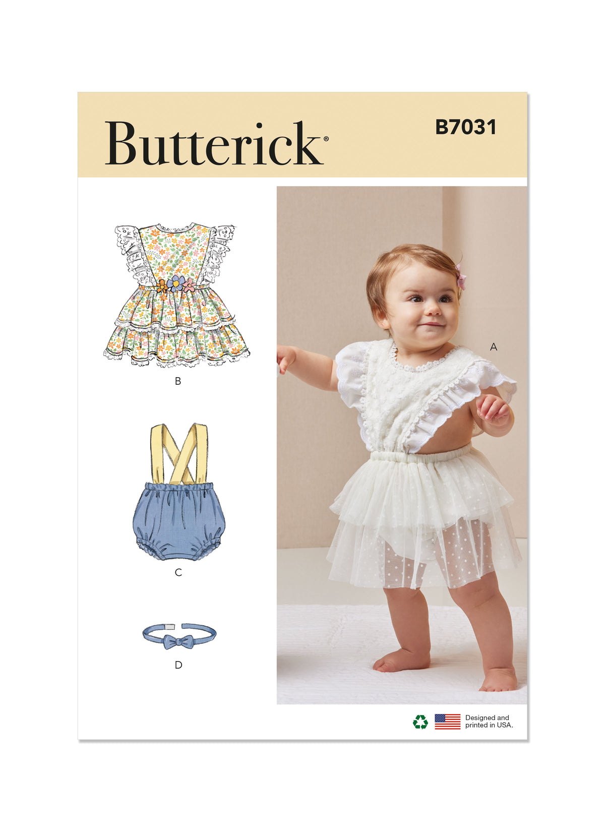 Butterick B7031 sewing pattern envelope showing baby romper designs