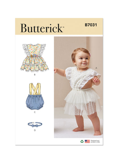 Butterick B7031 sewing pattern envelope showing baby romper designs