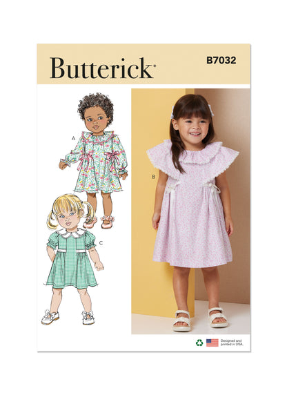 Butterick B7032 sewing pattern envelope showing toddler dress designs