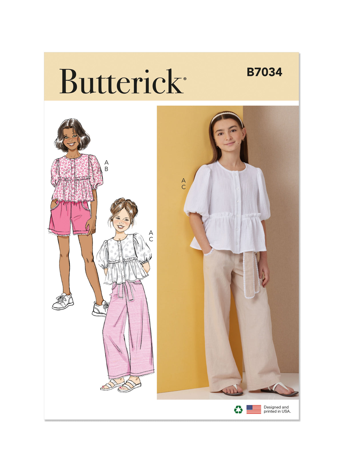 Butterick B7034 sewing pattern envelope showing girls' top designs