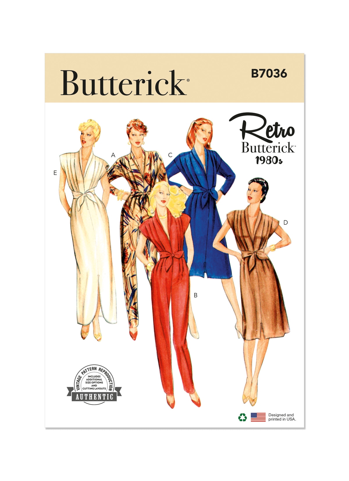 Butterick B7036 sewing pattern envelope showing vintage 1980s jumpsuit and dress designs