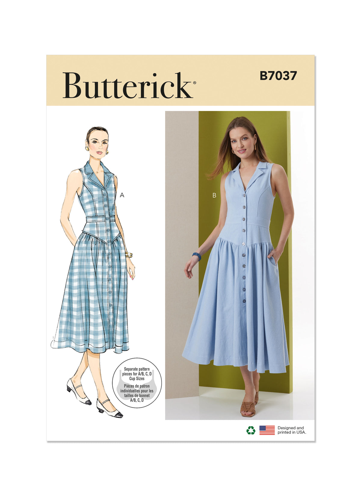 Butterick B7037 sewing pattern envelope showing misses' midi dress designs