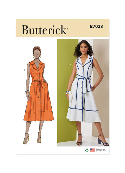 Butterick B7038 sewing pattern envelope showing misses' fit and flare dress designs