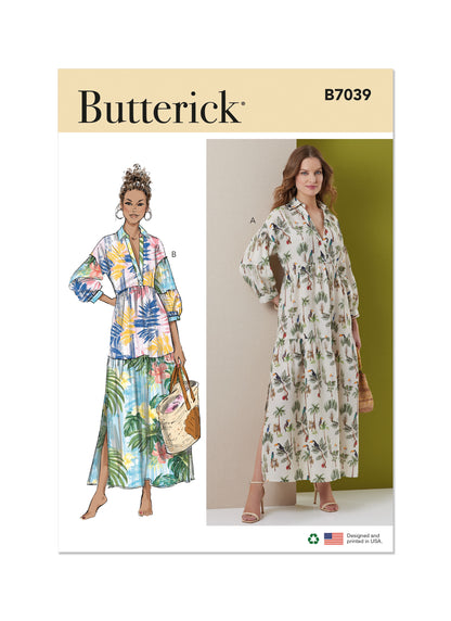 Butterick B7039 sewing pattern envelope showing misses' tiered dress designs