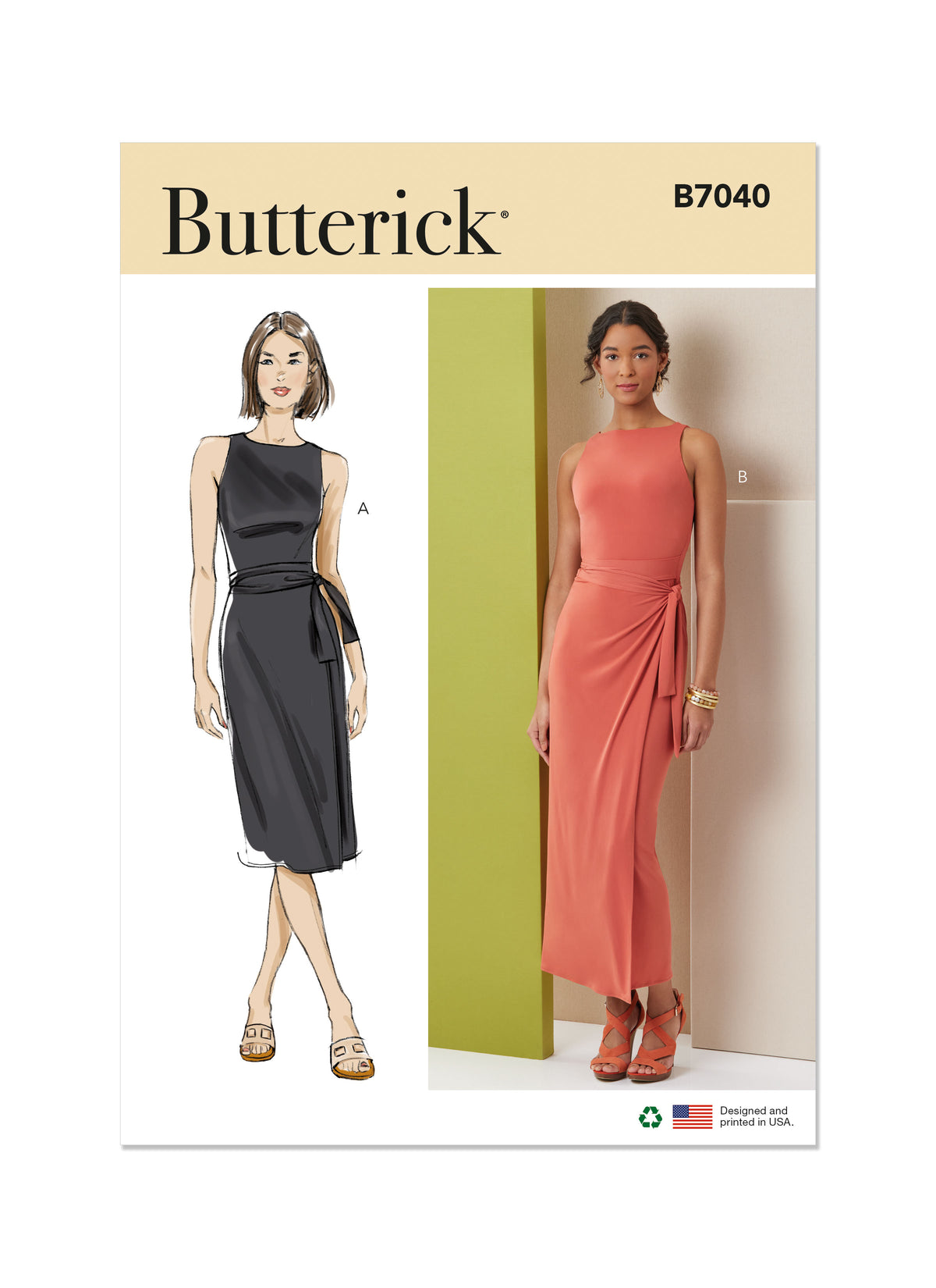 Butterick B7040 sewing pattern envelope showing wrap dress designs