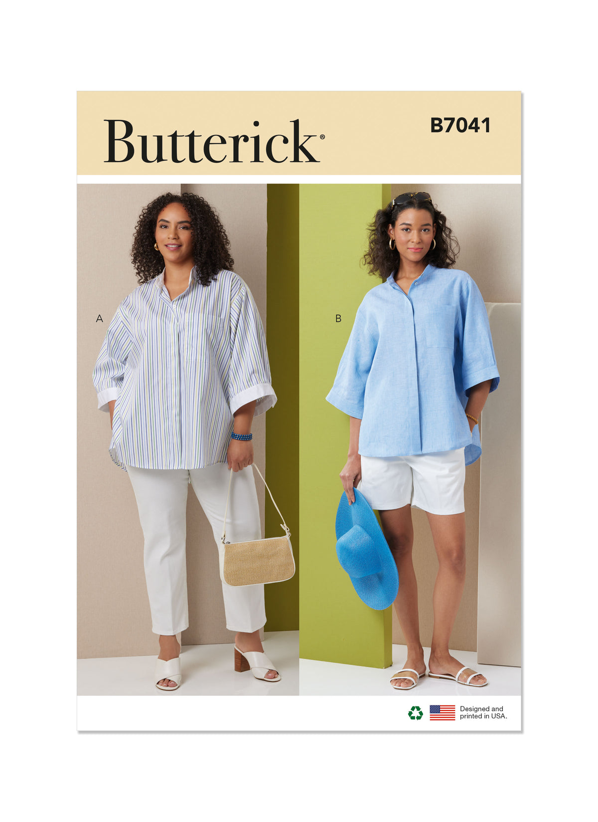 Butterick B7041 sewing pattern envelope showing loose-fit shirt designs
