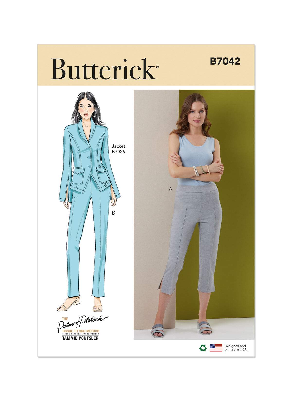 Butterick B7042 sewing pattern envelope showing fitted trousers designs