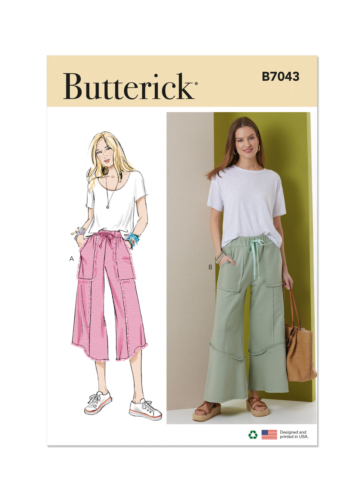 Butterick B7043 sewing pattern envelope showing pull-on trousers designs