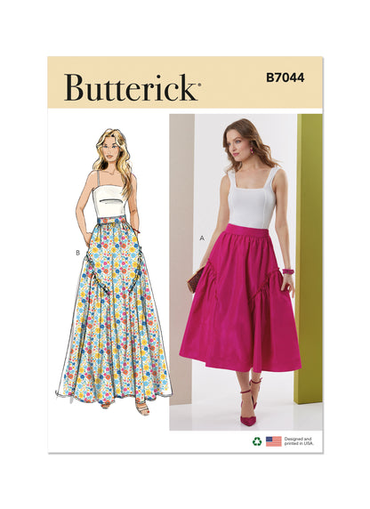 Butterick B7044 sewing pattern envelope showing flared skirt designs
