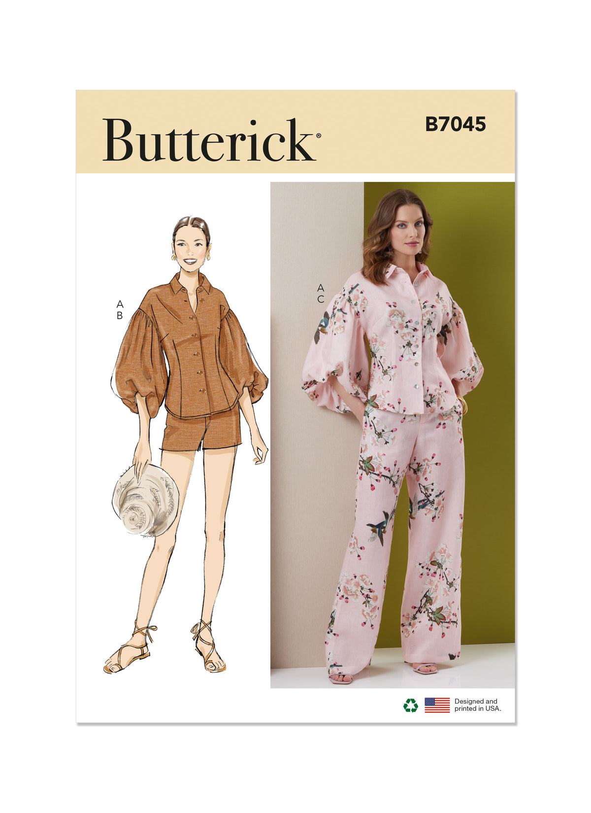 Butterick B7045 sewing pattern envelope showing button-front top designs