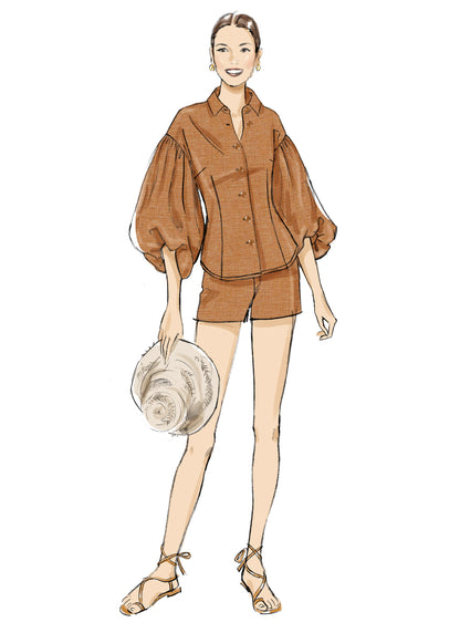 Butterick B7045 sewing pattern envelope showing button-front top designs
