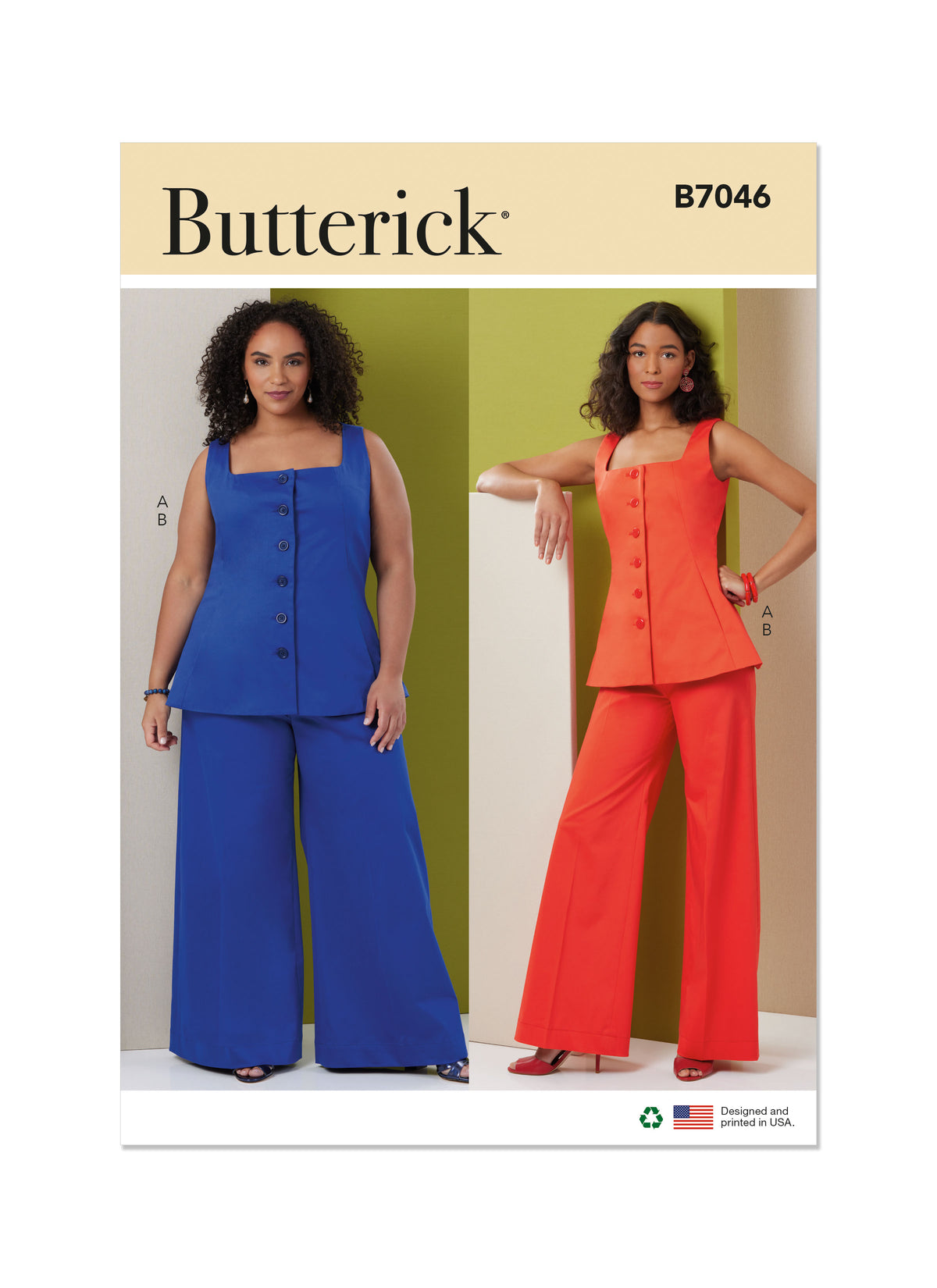 Butterick B7046 sewing pattern envelope showing sleeveless lined top designs