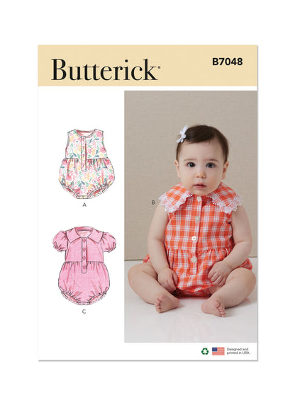 Butterick B7048 sewing pattern envelope showing baby romper designs