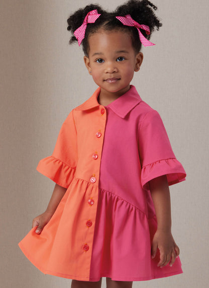 Butterick B7049 sewing pattern envelope showing toddler button-front dress designs