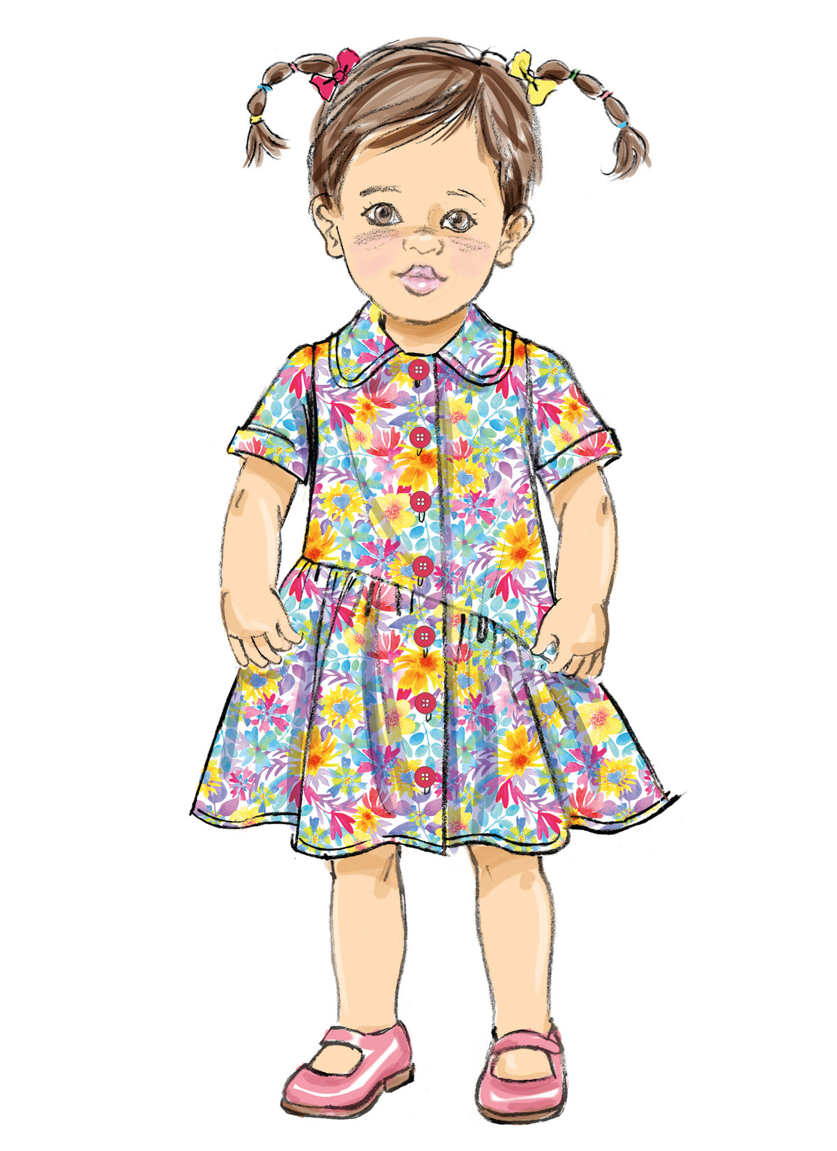 Butterick B7049 sewing pattern envelope showing toddler button-front dress designs