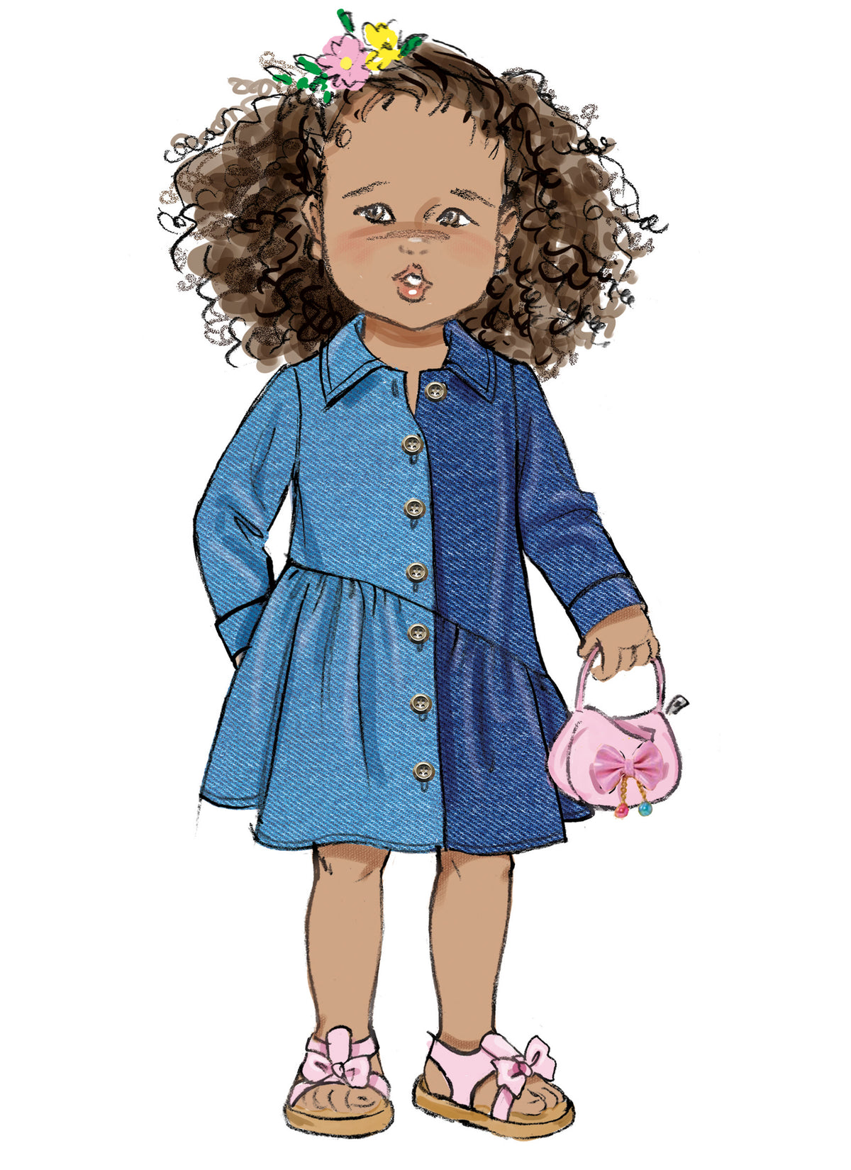 Butterick B7049 sewing pattern envelope showing toddler button-front dress designs