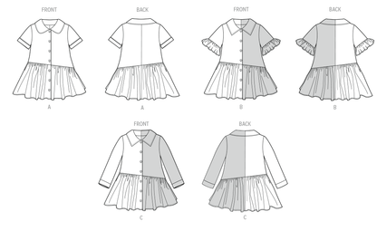 Butterick B7049 sewing pattern envelope showing toddler button-front dress designs