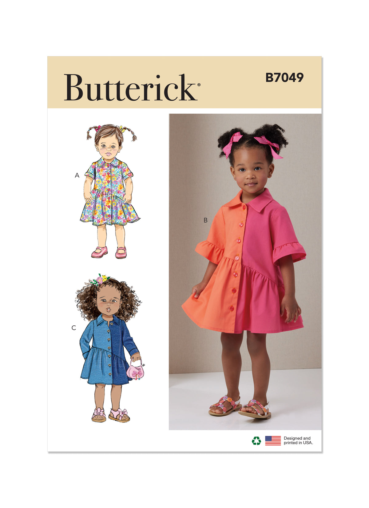 Butterick B7049 sewing pattern envelope showing toddler button-front dress designs