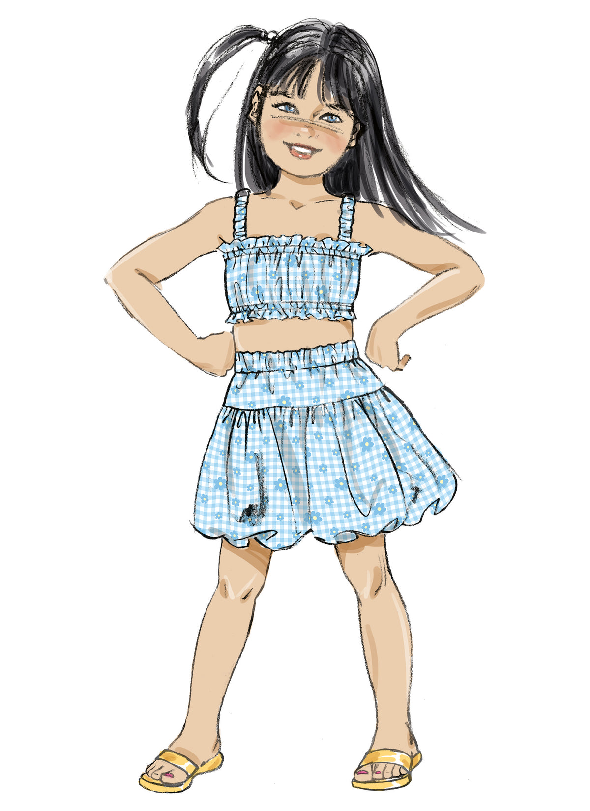 Butterick B7050 sewing pattern envelope showing children's ruffle top designs