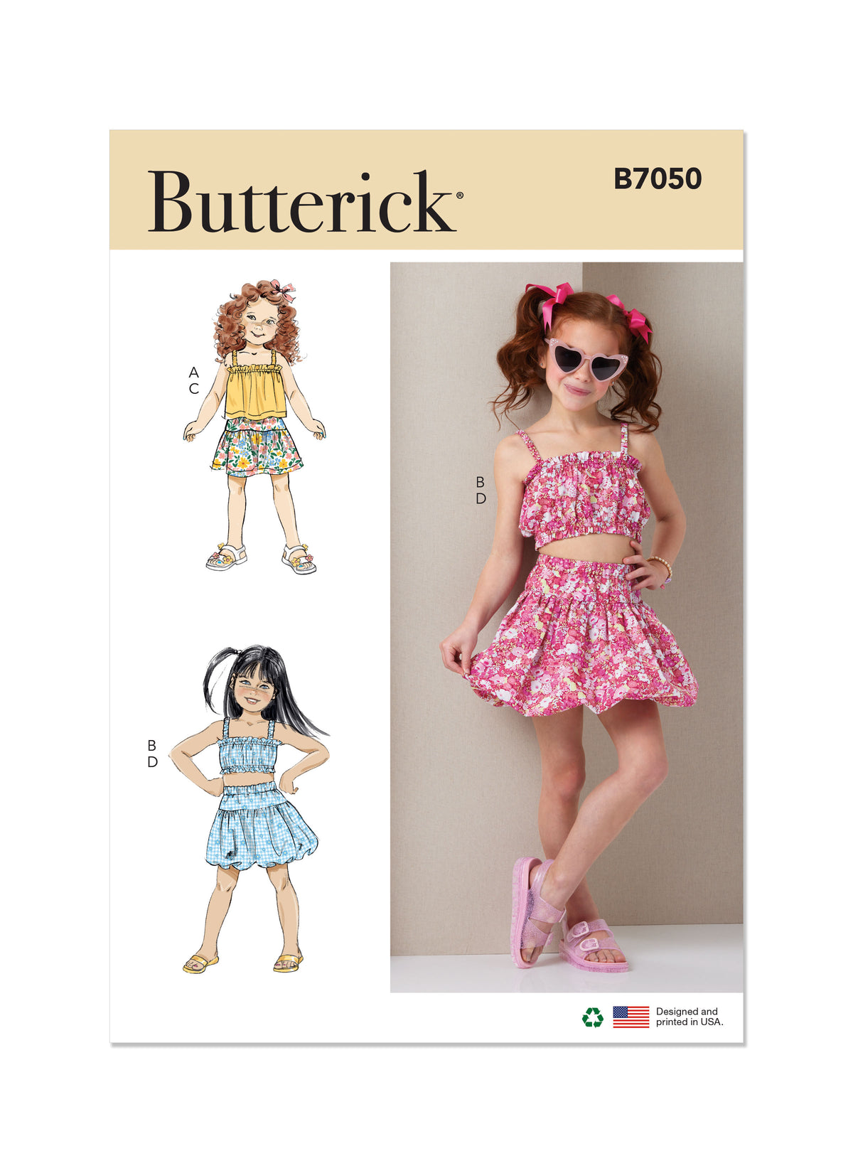Butterick B7050 sewing pattern envelope showing children's ruffle top designs