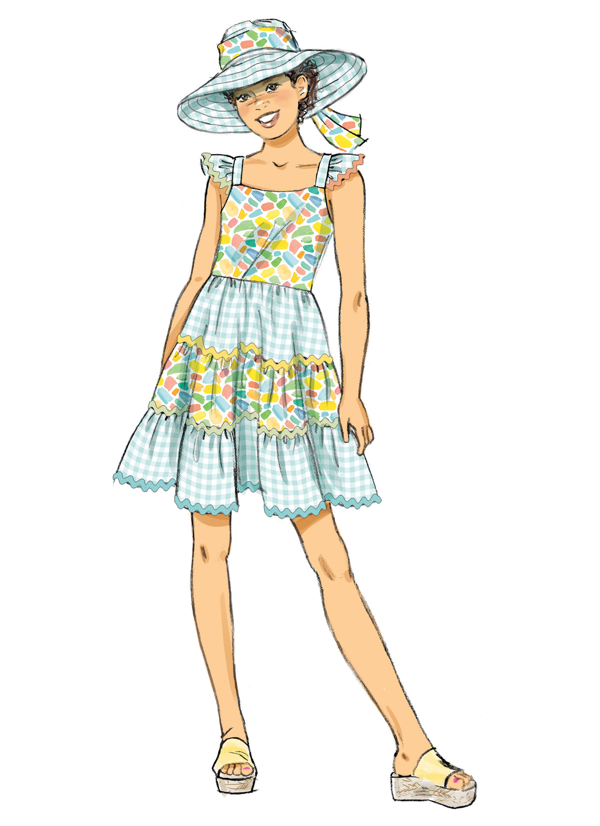Butterick B7051 sewing pattern envelope showing girls' tiered dress designs