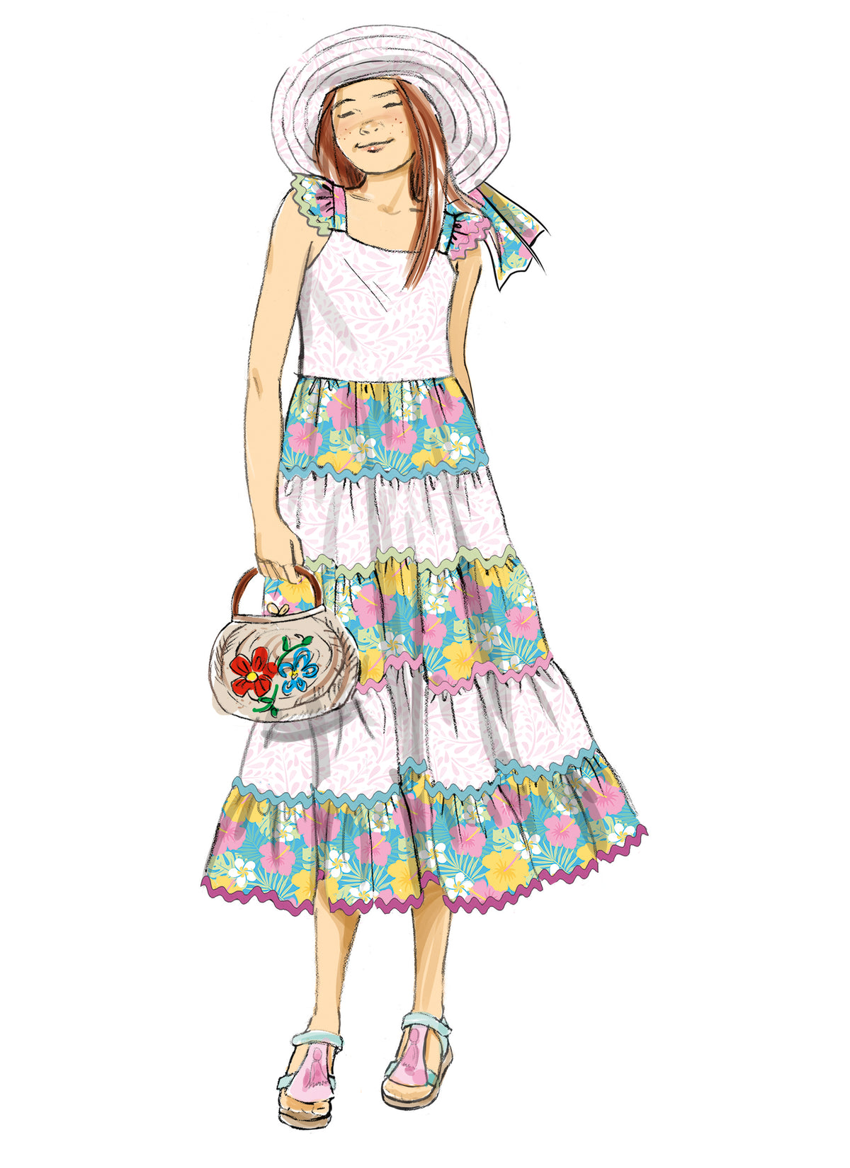 Butterick B7051 sewing pattern envelope showing girls' tiered dress designs