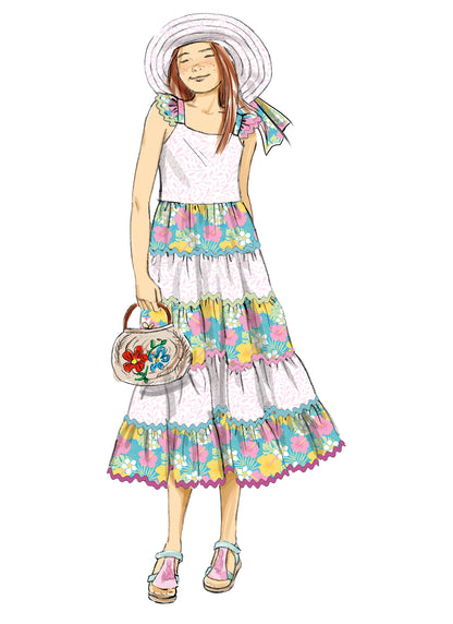Butterick B7051 sewing pattern envelope showing girls' tiered dress designs