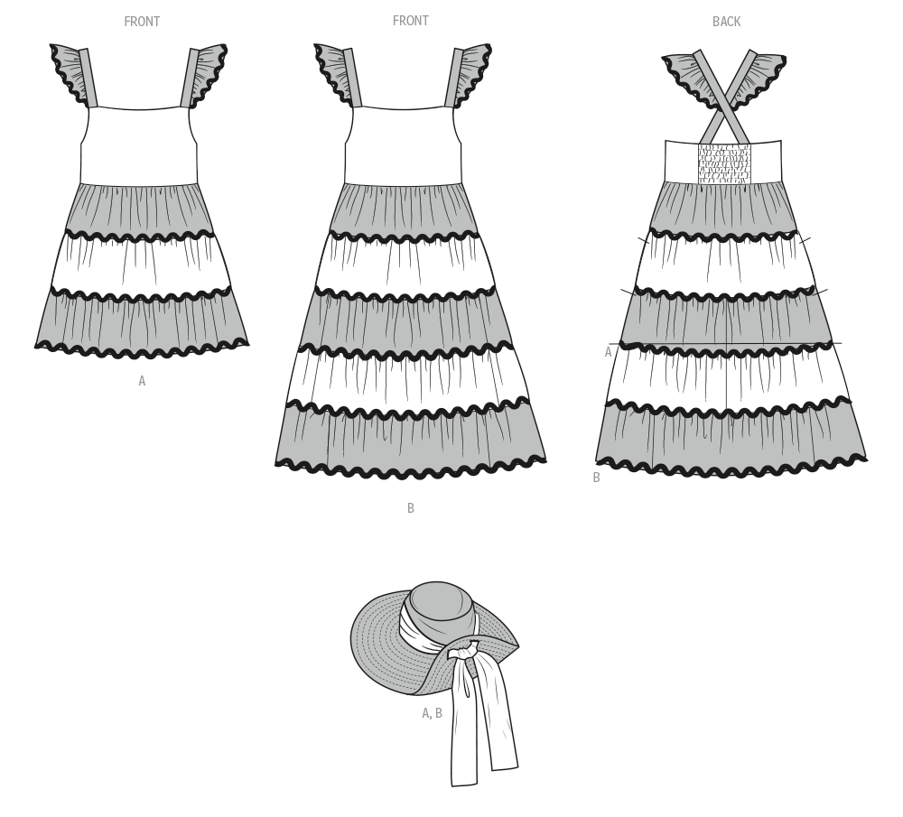 Butterick B7051 sewing pattern envelope showing girls' tiered dress designs