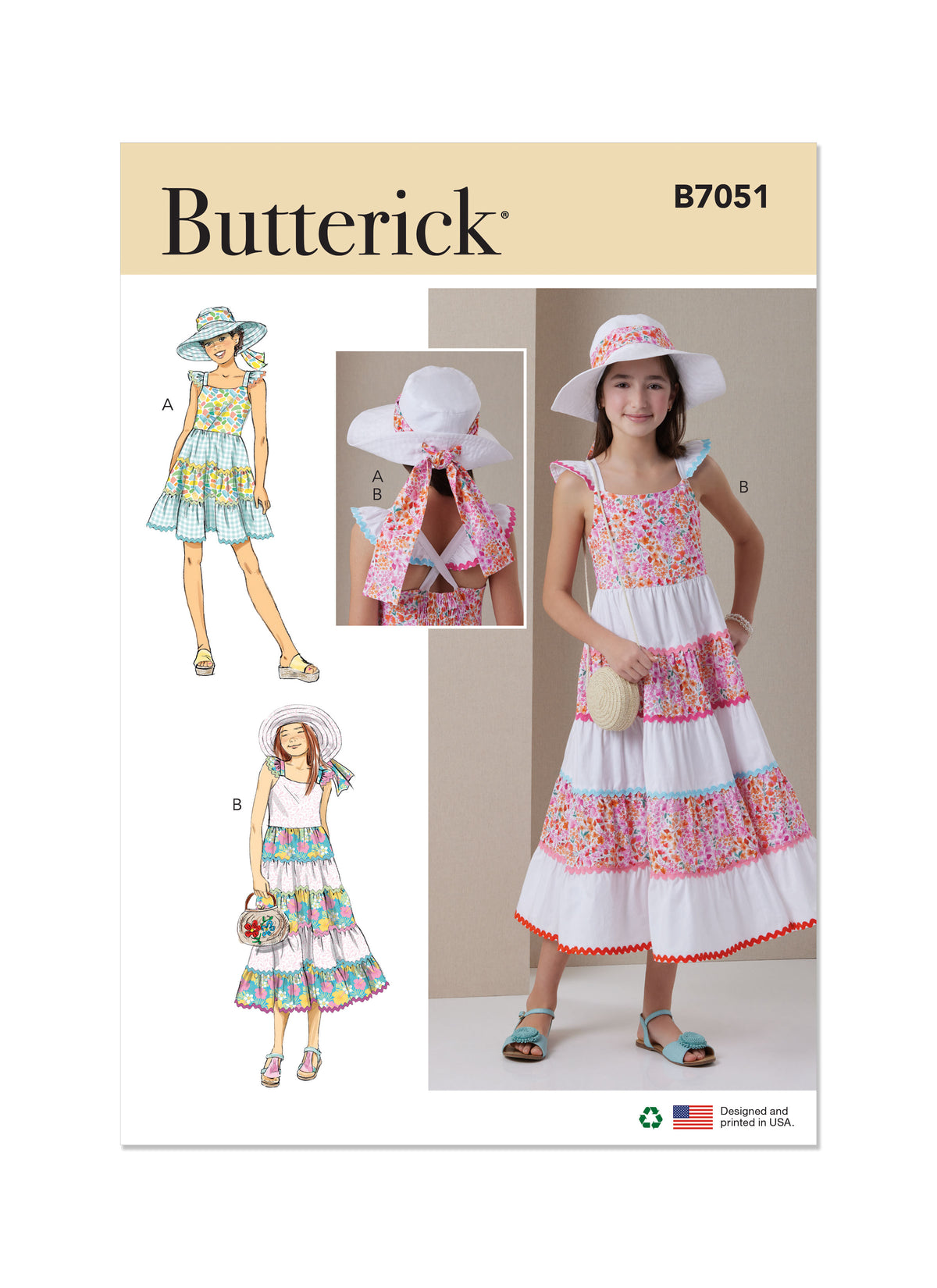 Butterick B7051 sewing pattern envelope showing girls' tiered dress designs